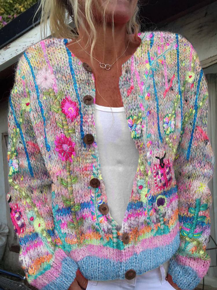Vintage Floral Print Long Sleeved Knitted Cardigan