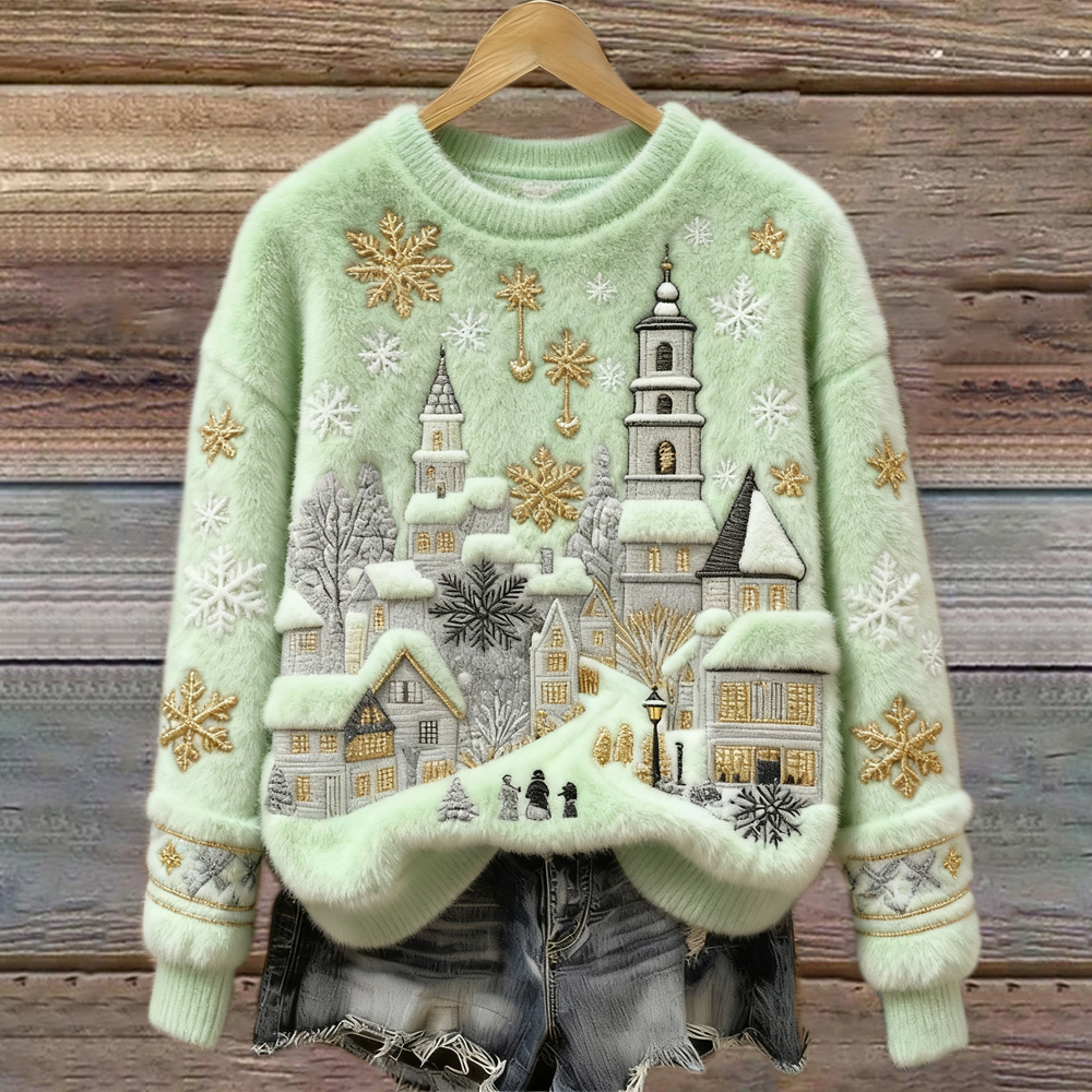 Christmas Snow Scene Embroidery Women's Cozy Plush Sweater