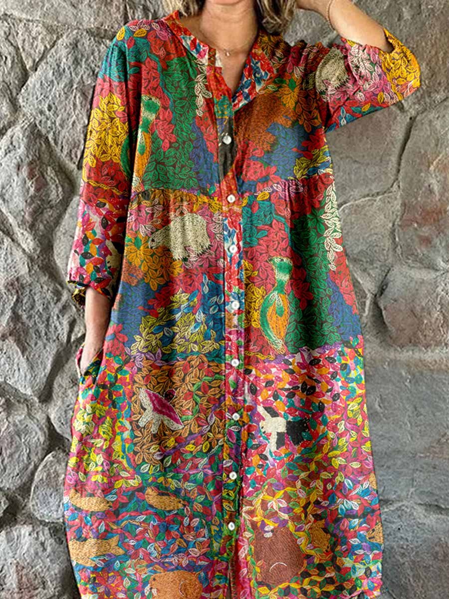 Women's Elegant Floral Print Cotton and Linen Shirt Dress