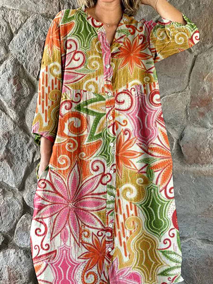 Women's Elegant Floral Print Cotton and Linen Shirt Dress
