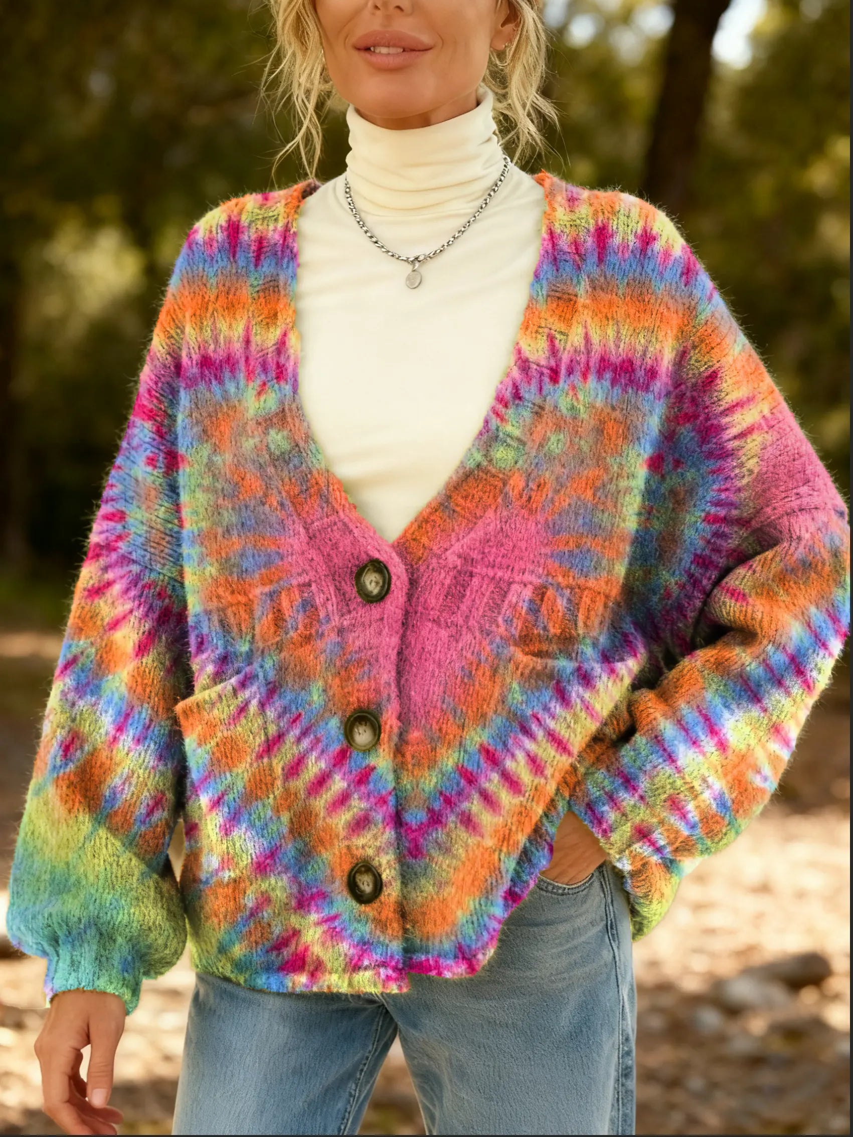 Women's Tie-dye Heart Pattern Art Print Cardigan With Pockets