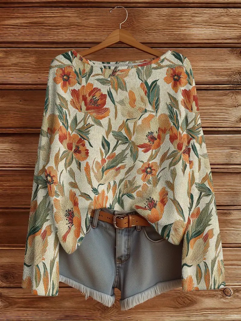 Leopard Floral Knit Sweater – Vintage Casual Autumn/Winter Style