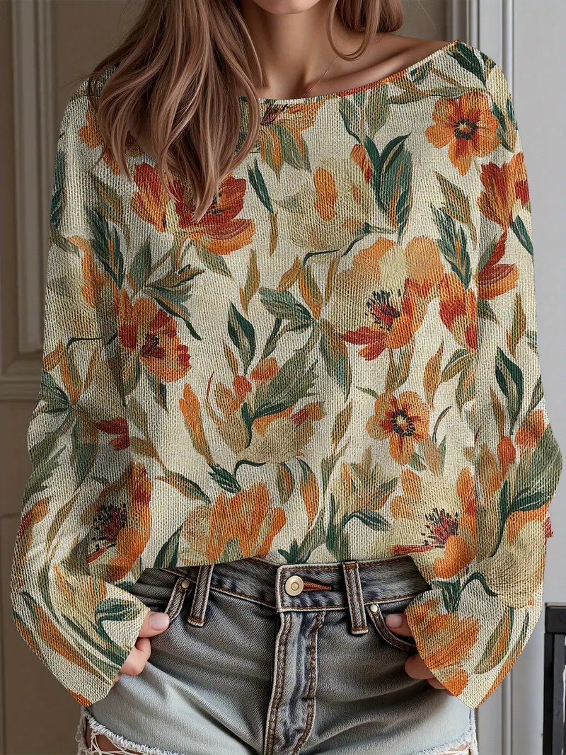 Leopard Floral Knit Sweater – Vintage Casual Autumn/Winter Style