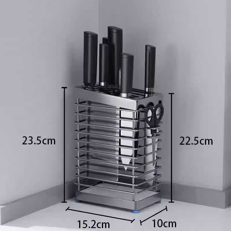 Držák na nože z nerezové oceli 304, multifunkční stojan na nože s otvory na nože a lůžky na nůžky, antibakteriální a protiplísňový úložný stojan