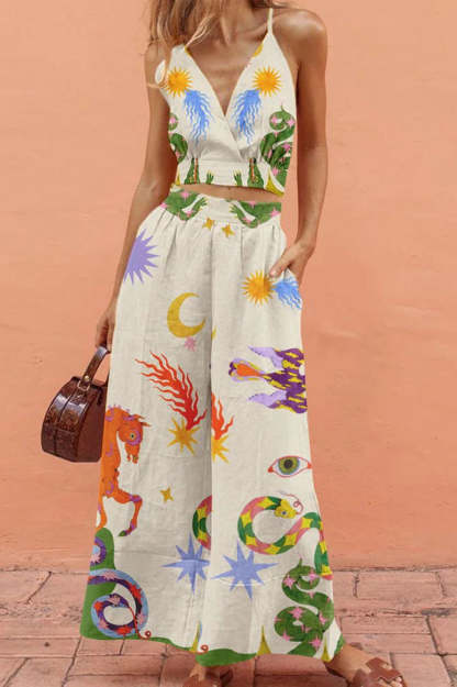 Komplet majice/topa s jedinstvenim printom i hlača s elastičnim strukom i džepovima od mješavine lana Vacation Charm