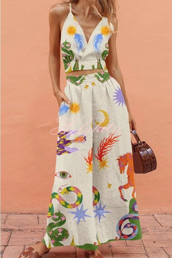 Komplet majice/topa s jedinstvenim printom i hlača s elastičnim strukom i džepovima od mješavine lana Vacation Charm