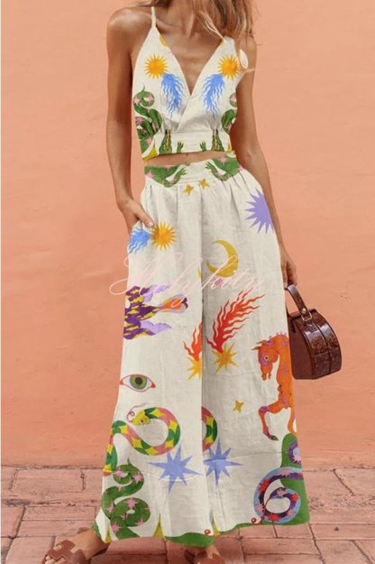 Komplet majice/topa s jedinstvenim printom i hlača s elastičnim strukom i džepovima od mješavine lana Vacation Charm