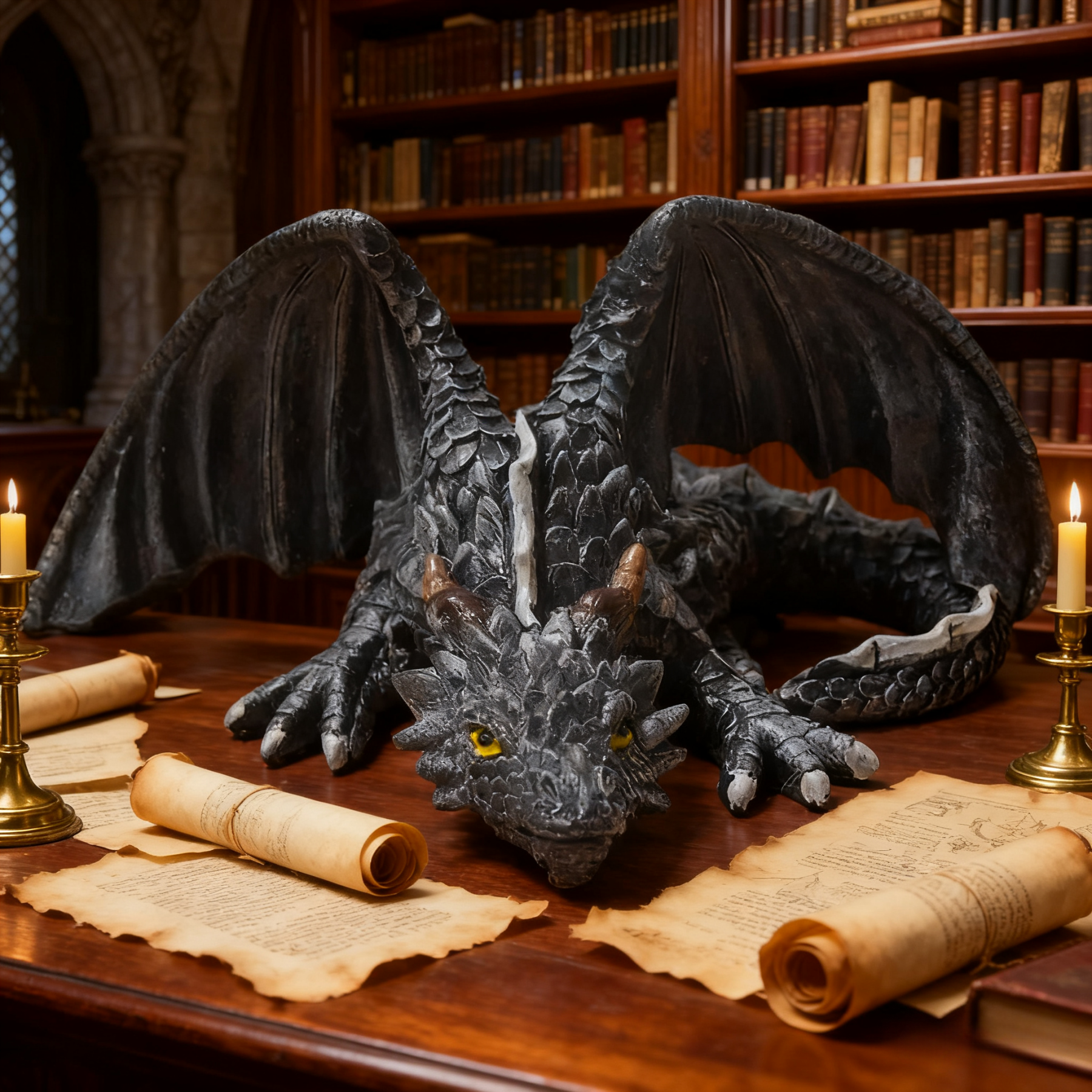 Dragon Statue - Black Fantasy Garden Decor with Glowing eyes