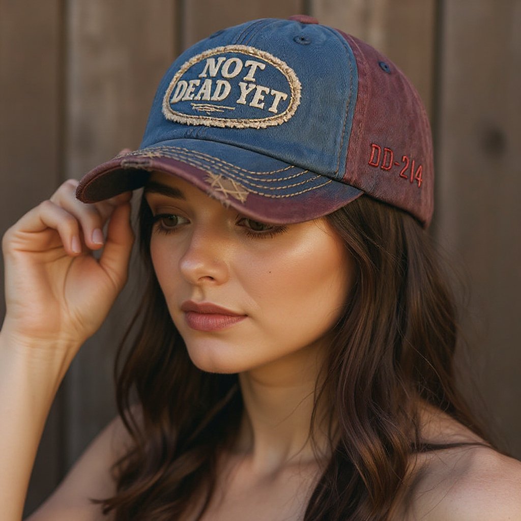 🧢 NOT DEAD YET – Vintage Washed Broderad Keps med DD-214-patch