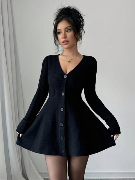 Women&rsquo;s New V Neck Knitted Dress with Button Details, Long Sleeve Short Waist A-Line Skirt for Casual and Stylish Looks