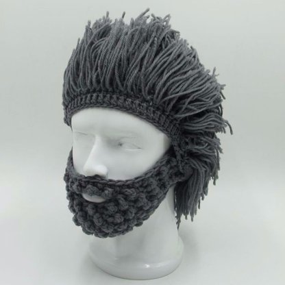 Acrylic Punk Style Beanie with Attached Straight Hair Wig and Knitted Beard