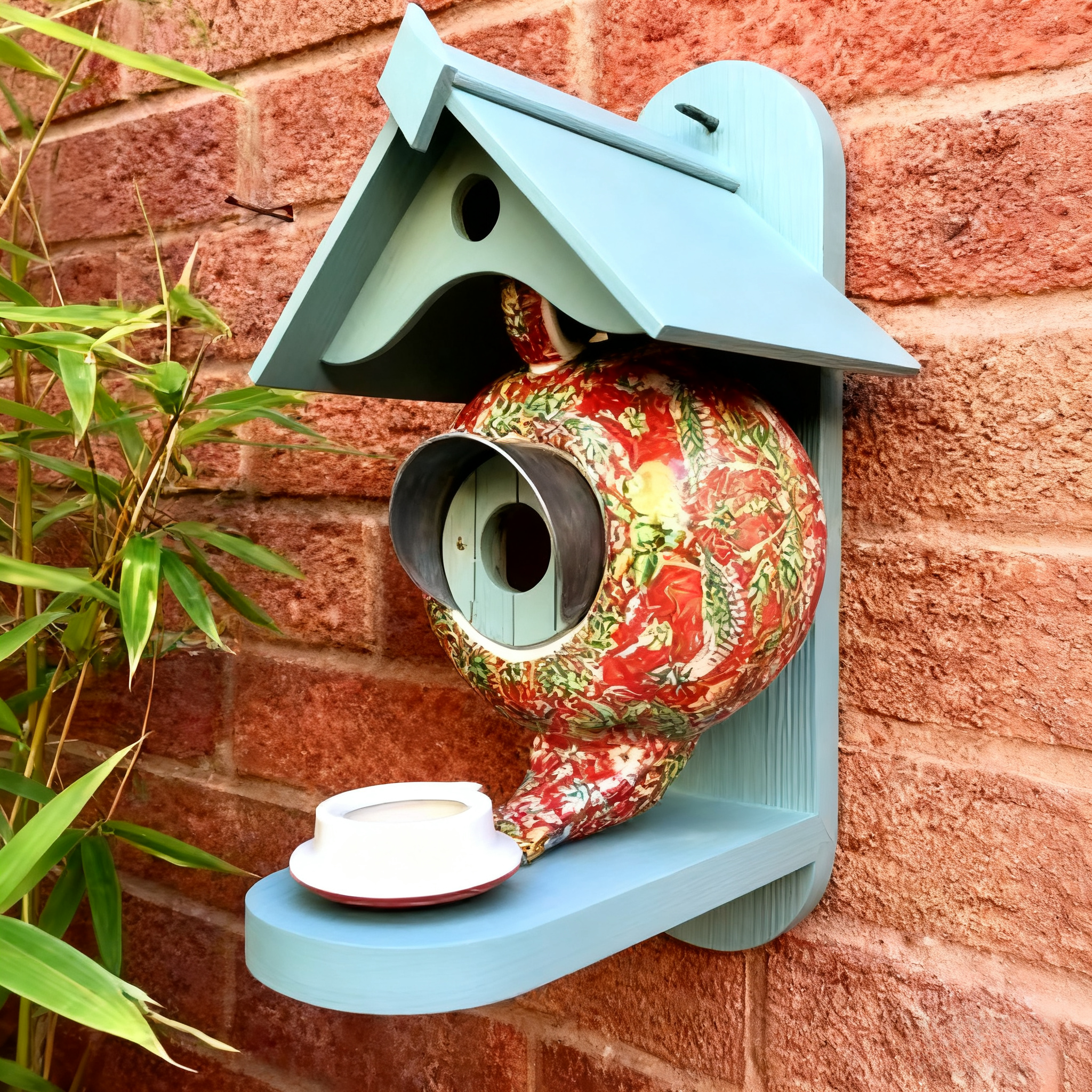 Charmig fågelmatare i harts med blått tak och blommönster 【Köp 2 gratis frakt】