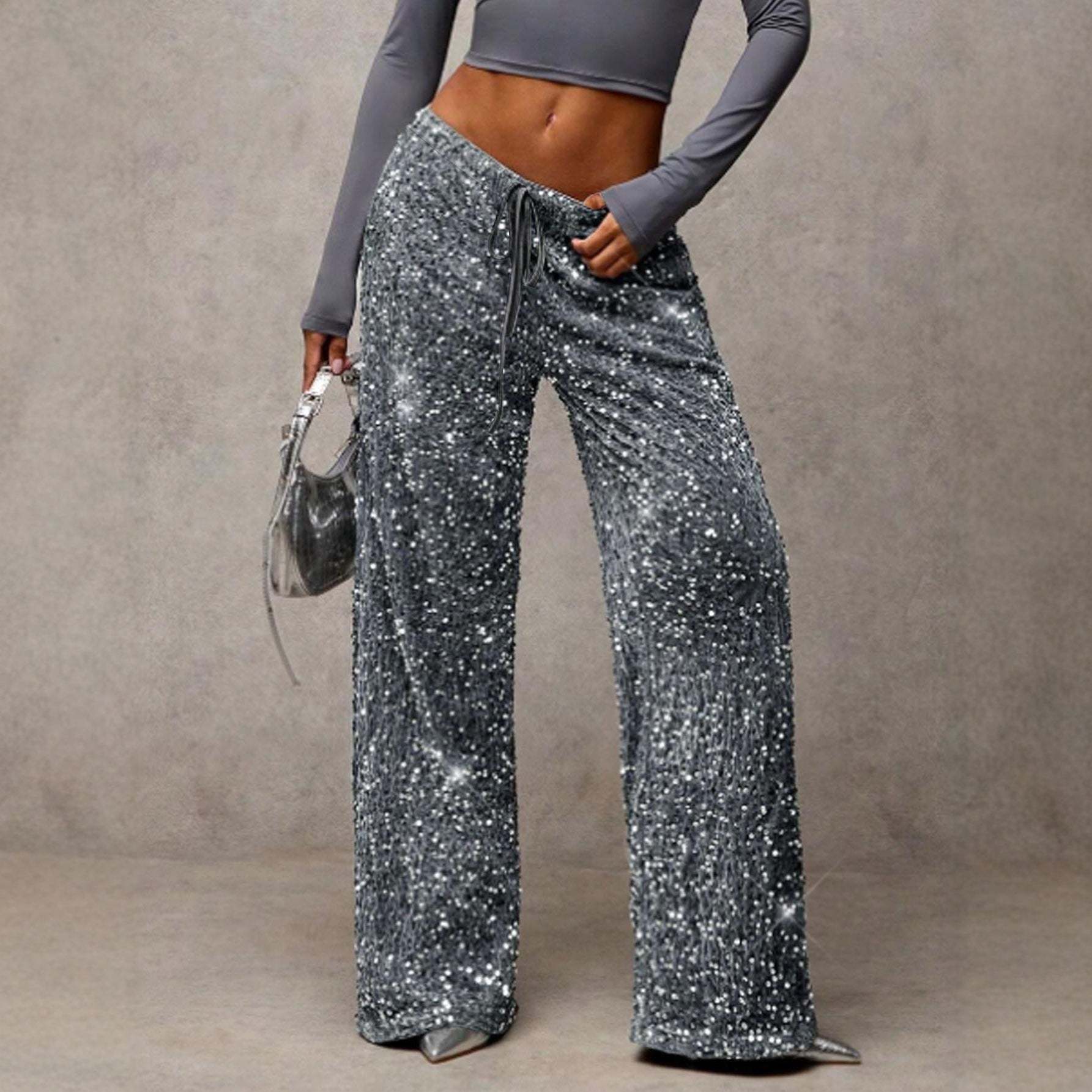 💖LAST DAY SALE 50% OFF🥰Women's Sequin Sparkle Wide Leg Pants with Elastic Waistband