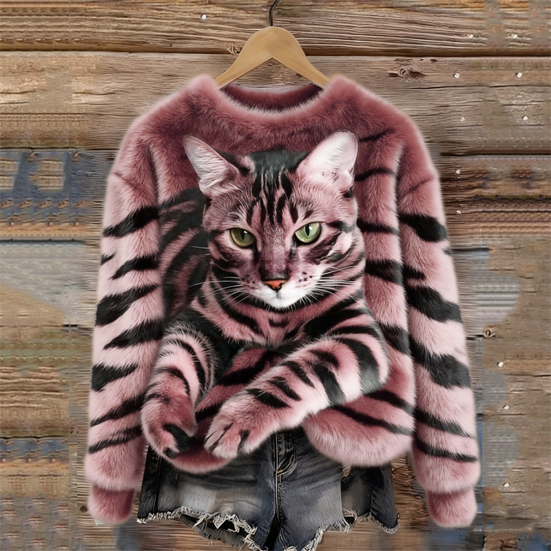 Tabby Cat & Tiger Pattern Cozy Plush Sweatshirt