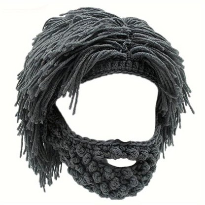 Acrylic Punk Style Beanie with Attached Straight Hair Wig and Knitted Beard