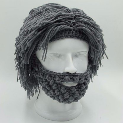 Acrylic Punk Style Beanie with Attached Straight Hair Wig and Knitted Beard
