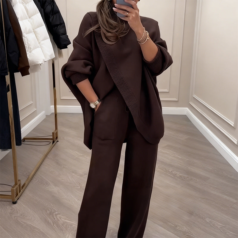🔥 59% OFF! NEW! Women's 2-piece set – Asymmetrical sweater + wide-leg pants, relaxed fit and soft fabric, ultra comfortable 👚✨