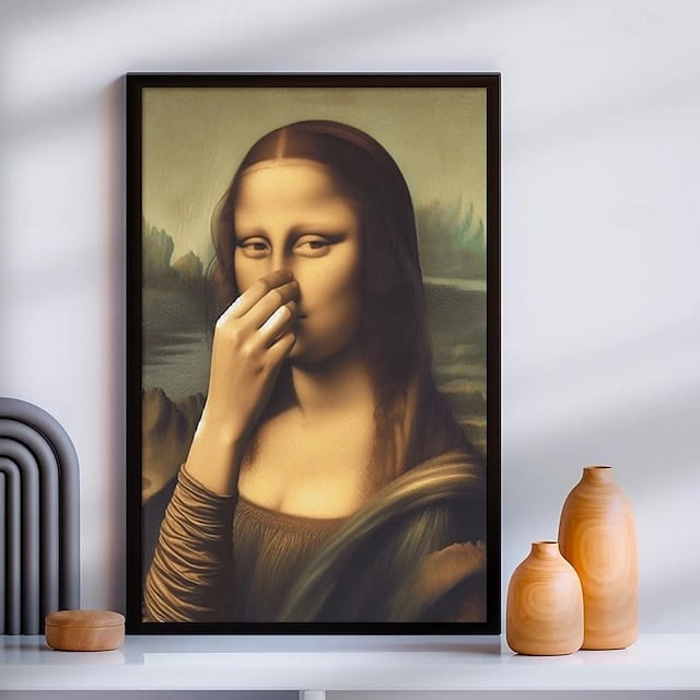 Rolig Badrumstavla i Canvas – Mona Lisa med Lekfull Twist