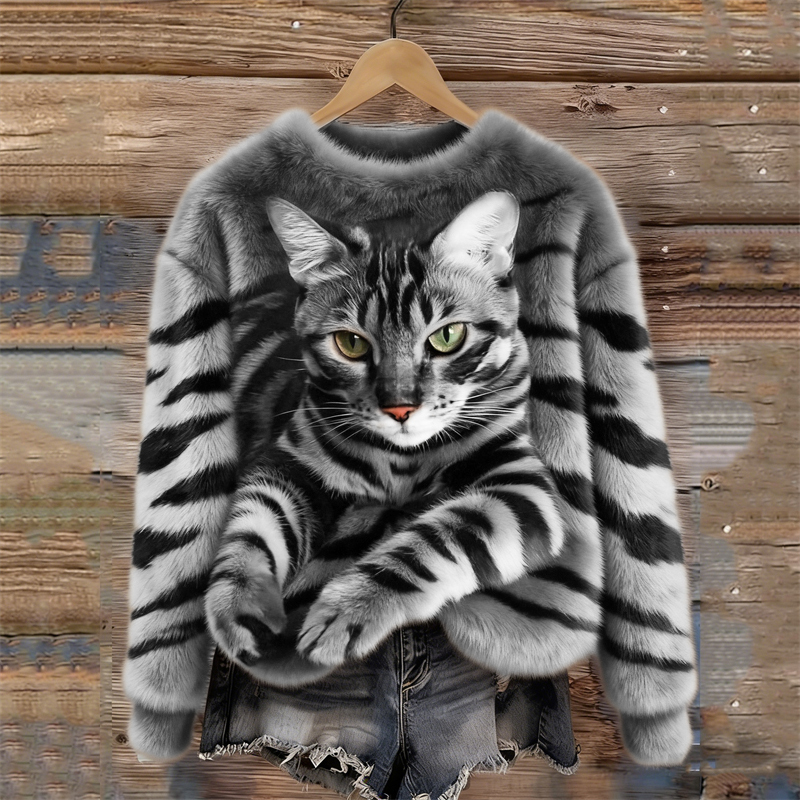 Tabby Cat & Tiger Pattern Cozy Plush Sweatshirt