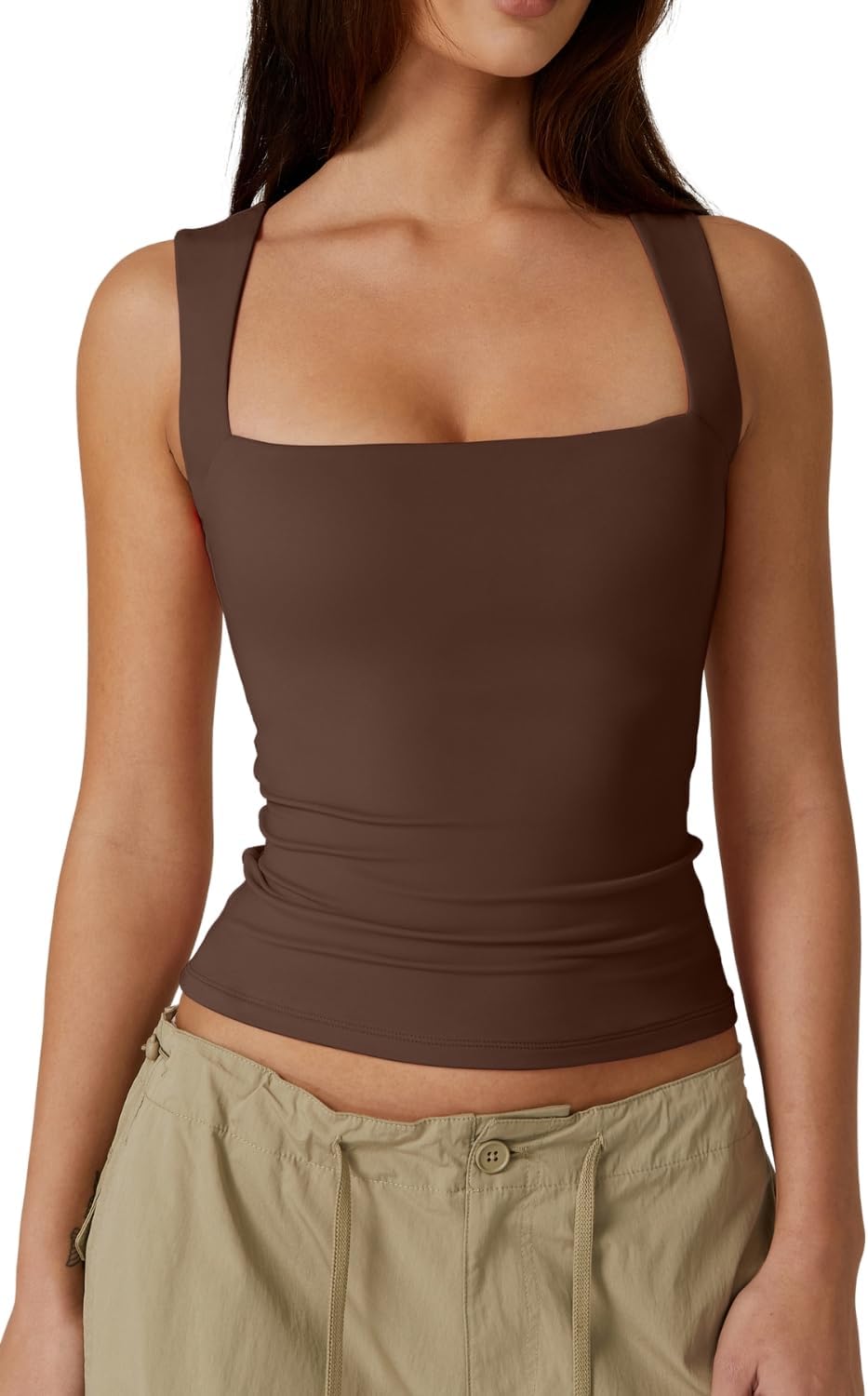 QINSEN Women's Double Layer Tank Tops Square Neck Sleeveless Basic Tight T Shirts
