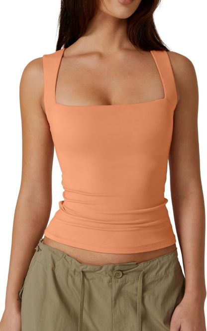 QINSEN Women's Double Layer Tank Tops Square Neck Sleeveless Basic Tight T Shirts