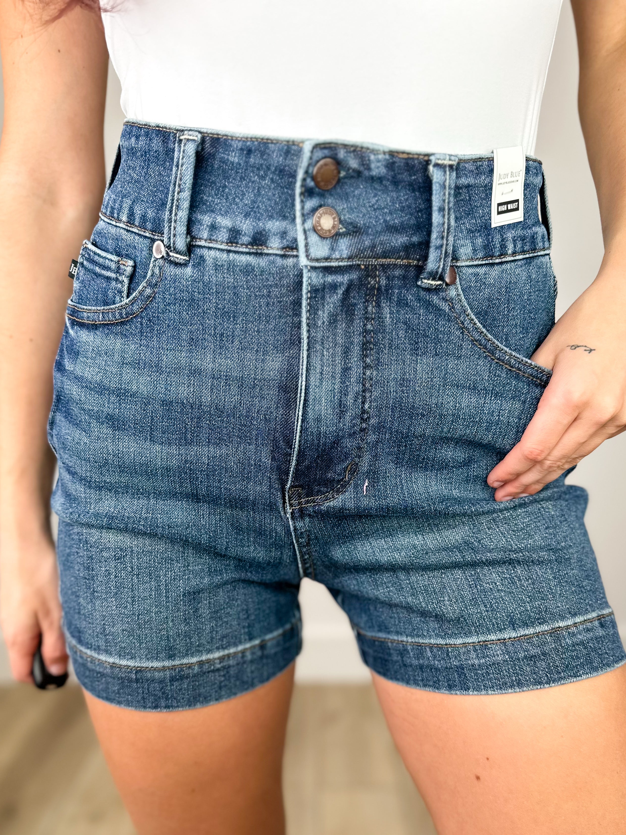 Judy Blue Tiffany Tummy Control Denim Shorts - Dark Wash (Double Button)