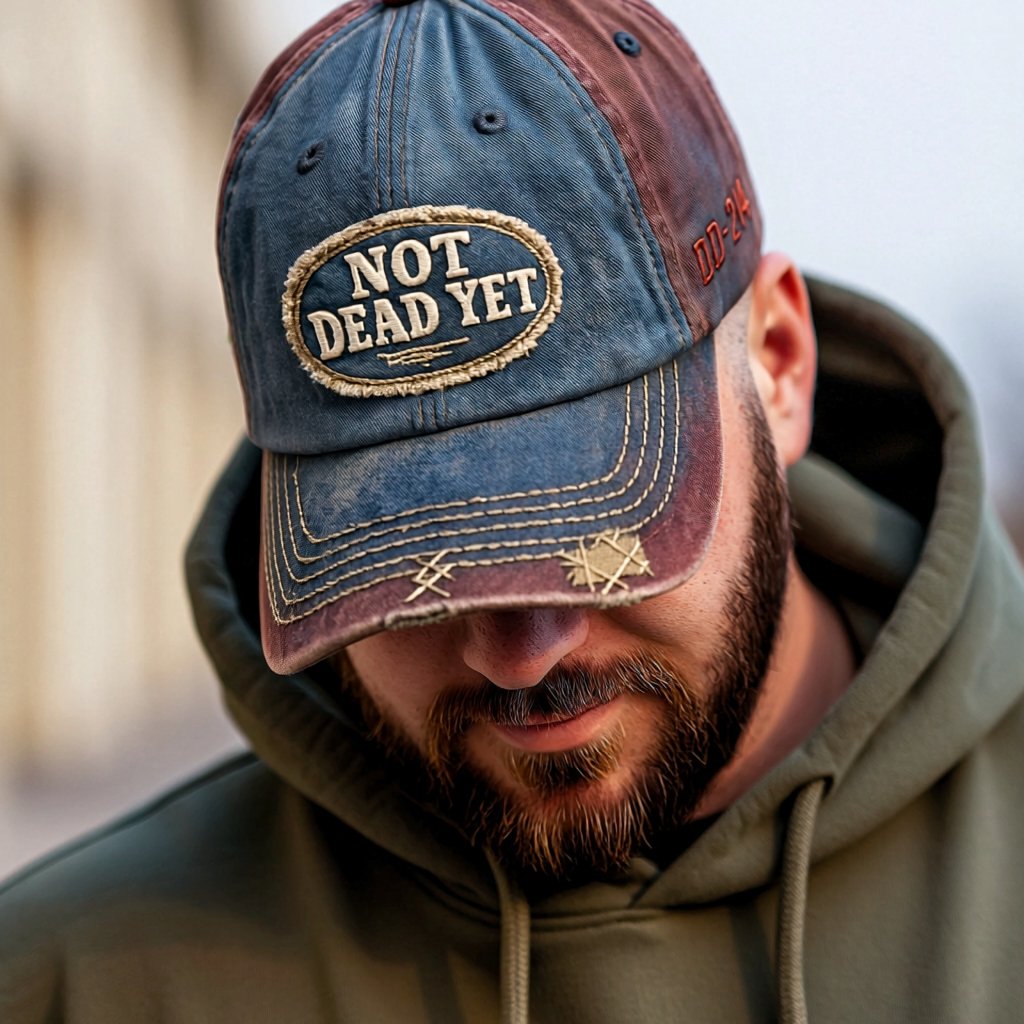 🧢 NOT DEAD YET – Vintage Washed Broderad Keps med DD-214-patch