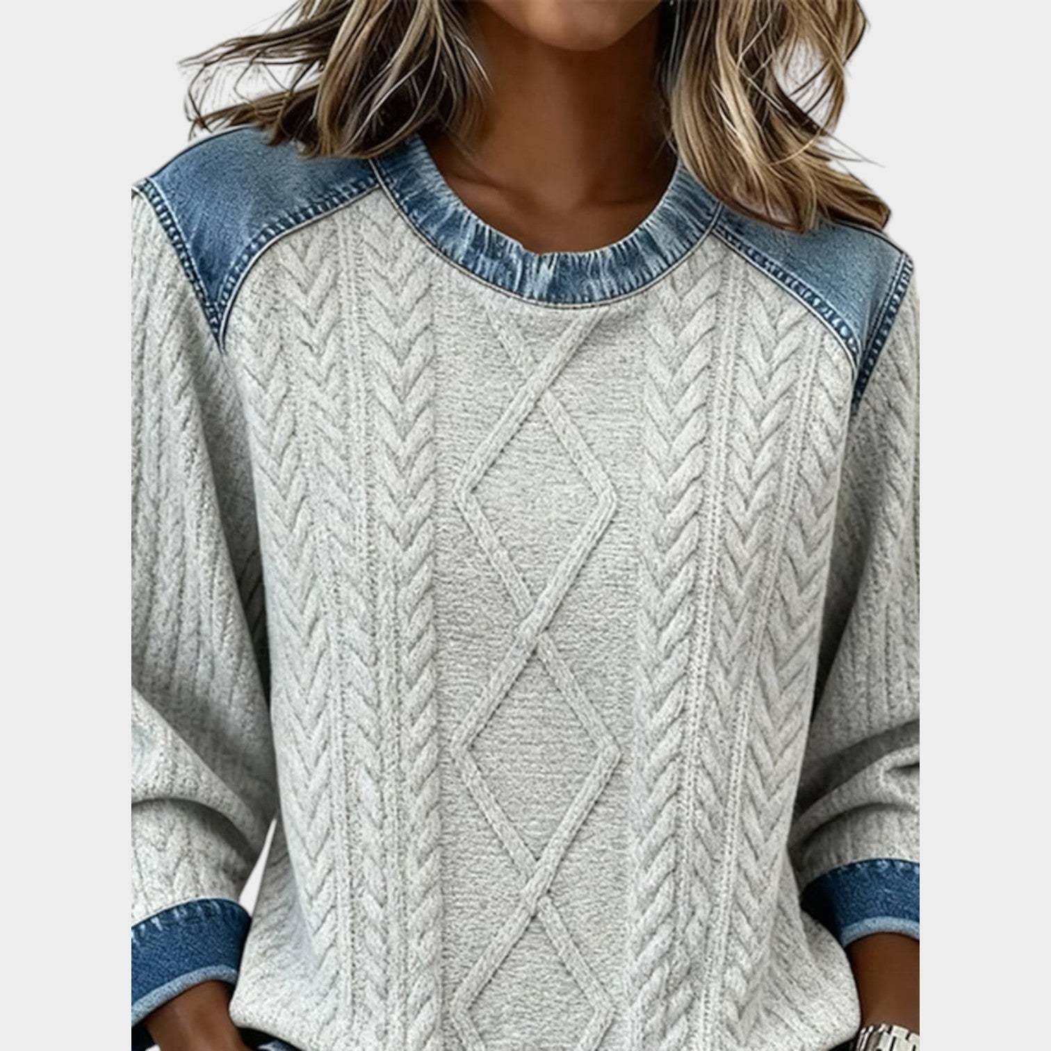Denim Trim Cable Knit Sweater