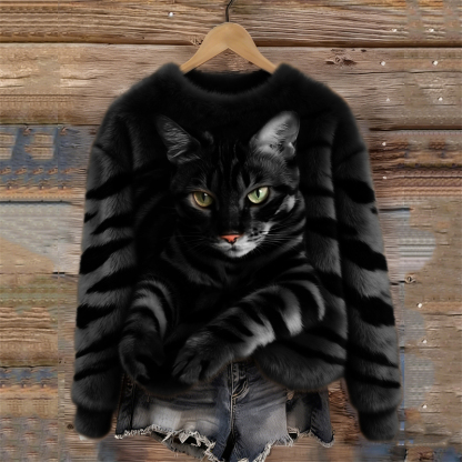 Tabby Cat & Tiger Pattern Cozy Plush Sweatshirt