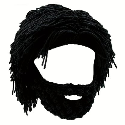 Acrylic Punk Style Beanie with Attached Straight Hair Wig and Knitted Beard