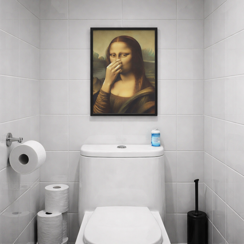 Rolig Badrumstavla i Canvas – Mona Lisa med Lekfull Twist