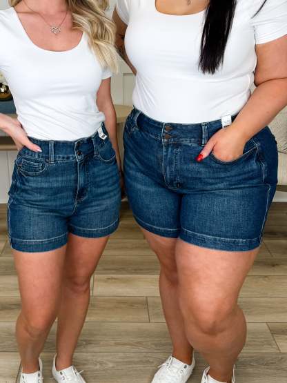 Judy Blue Tiffany Tummy Control Denim Shorts - Dark Wash (Double Button)