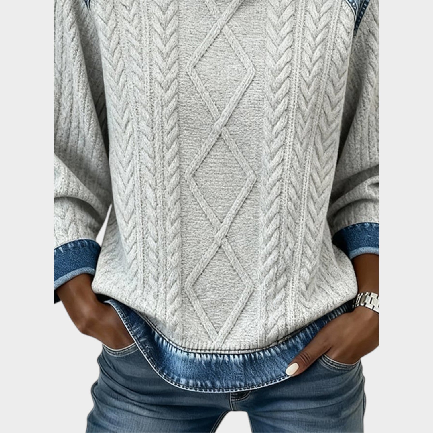 Denim Trim Cable Knit Sweater