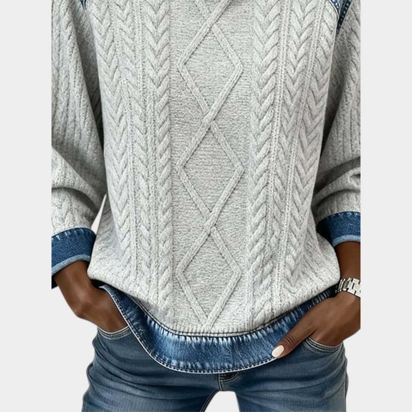 Denim Trim Cable Knit Sweater