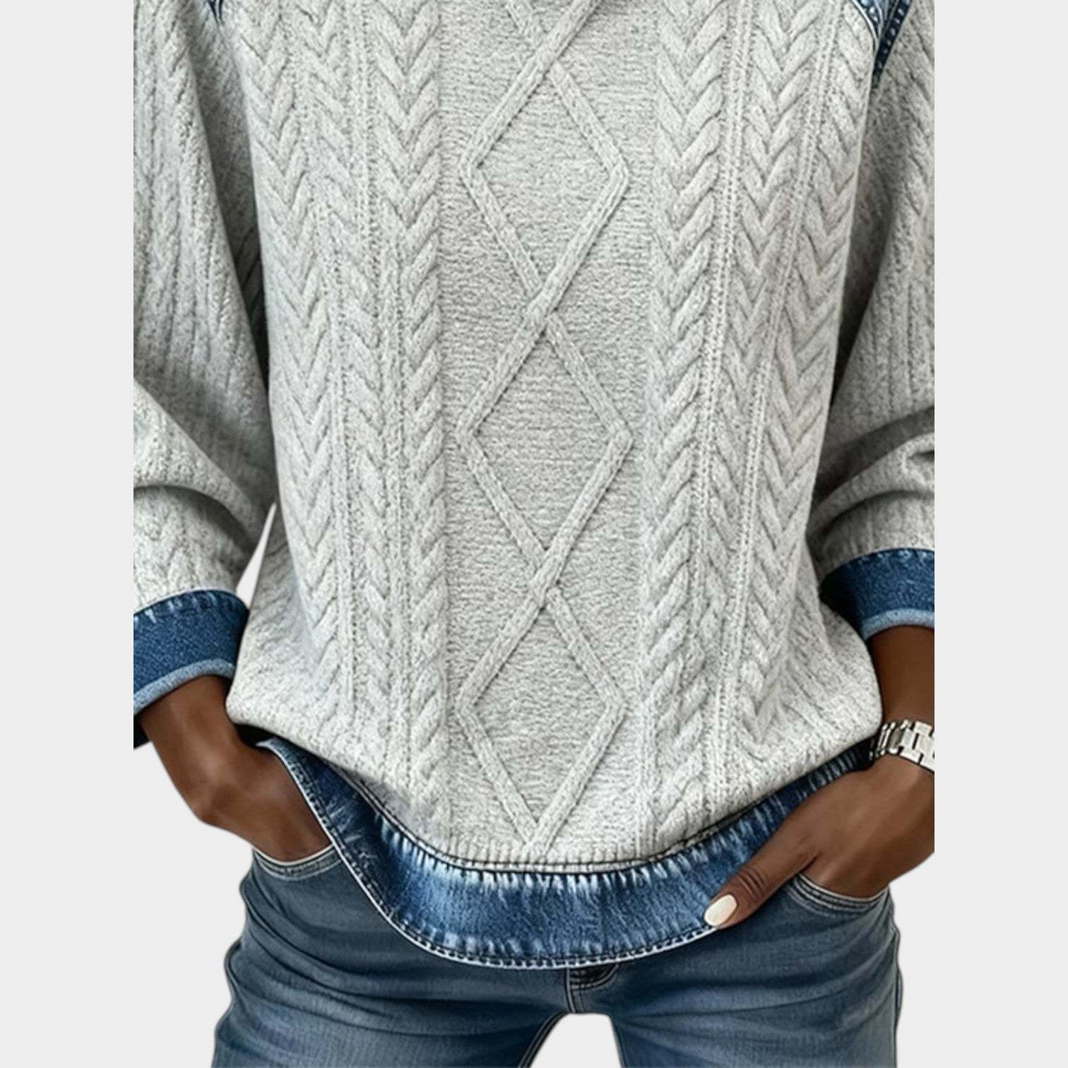Denim Trim Cable Knit Sweater