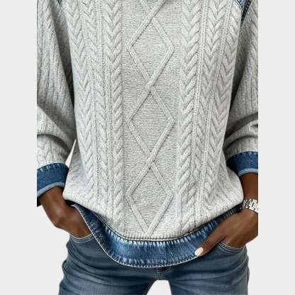 Denim Trim Cable Knit Sweater