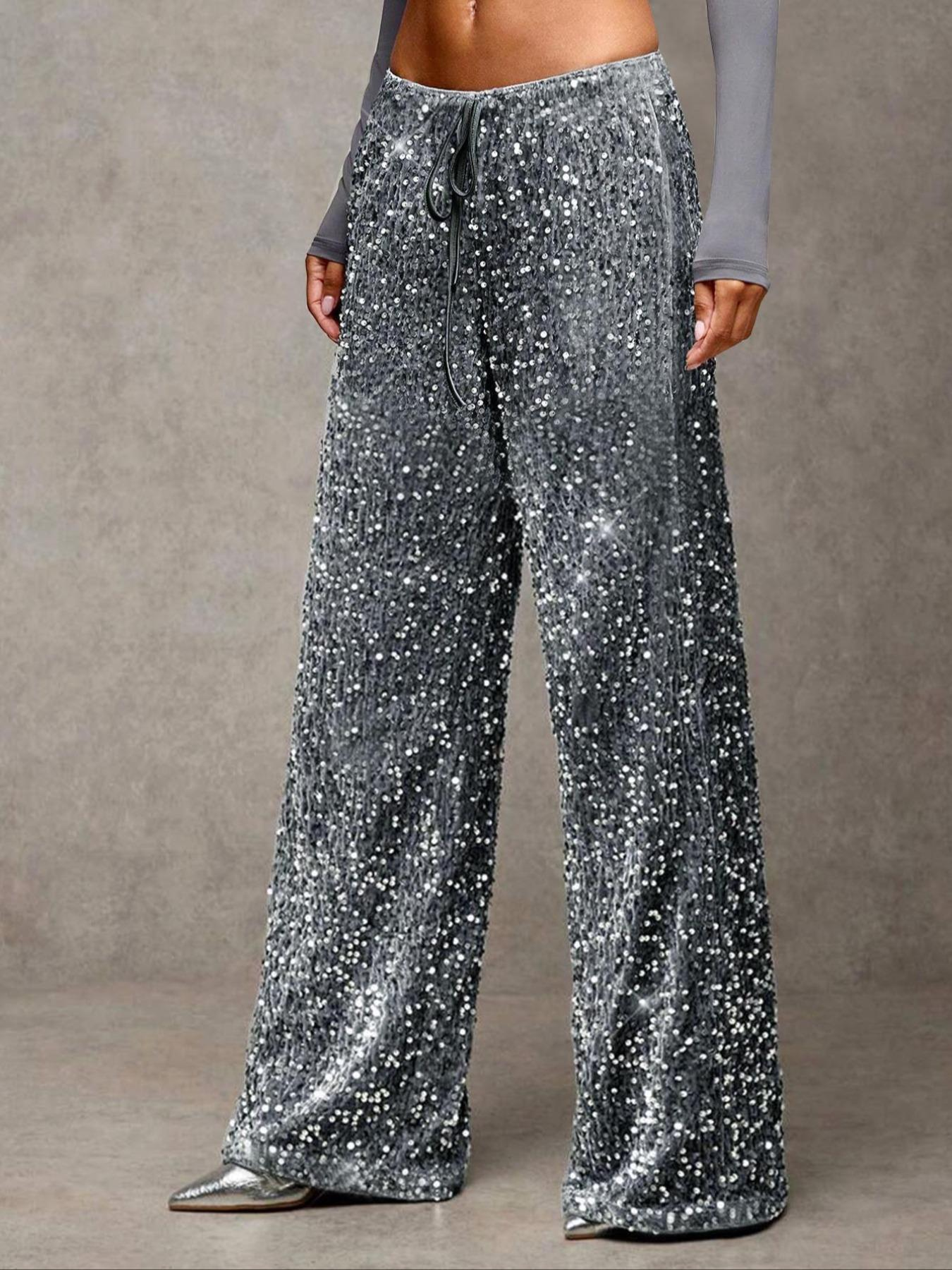 💖LAST DAY SALE 50% OFF🥰Women's Sequin Sparkle Wide Leg Pants with Elastic Waistband