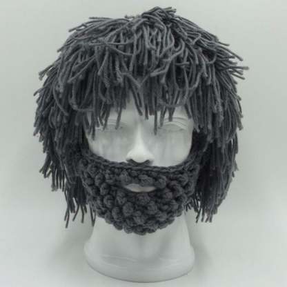 Acrylic Punk Style Beanie with Attached Straight Hair Wig and Knitted Beard