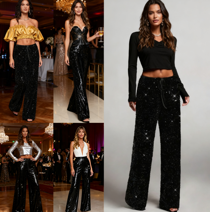 💖LAST DAY SALE 50% OFF🥰Women's Sequin Sparkle Wide Leg Pants with Elastic Waistband