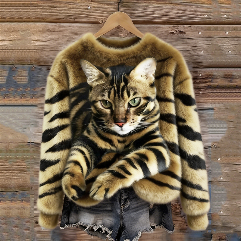 Tabby Cat & Tiger Pattern Cozy Plush Sweatshirt
