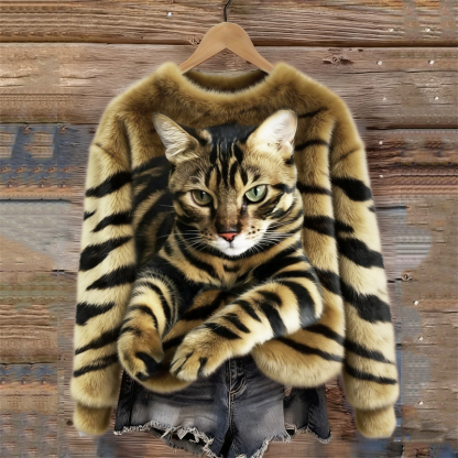 Tabby Cat & Tiger Pattern Cozy Plush Sweatshirt