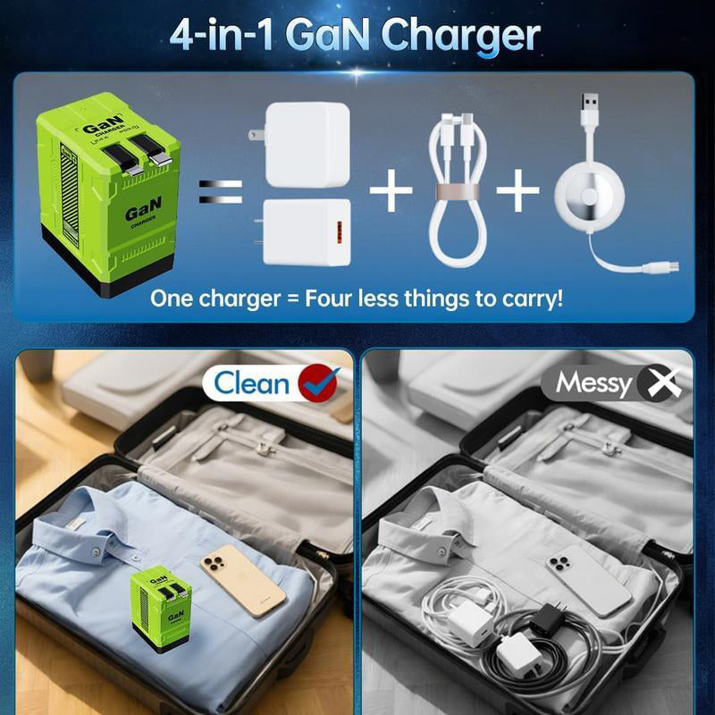 🔥🔥4-i-1 Utdragbar Snabbladdare 120W | USB-C & Lightning | Reseladdare för Alla Enheter