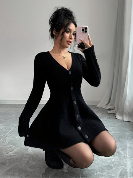 Women&rsquo;s New V Neck Knitted Dress with Button Details, Long Sleeve Short Waist A-Line Skirt for Casual and Stylish Looks