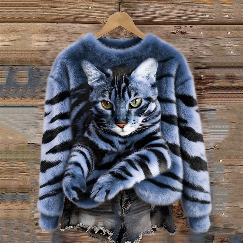Tabby Cat & Tiger Pattern Cozy Plush Sweatshirt