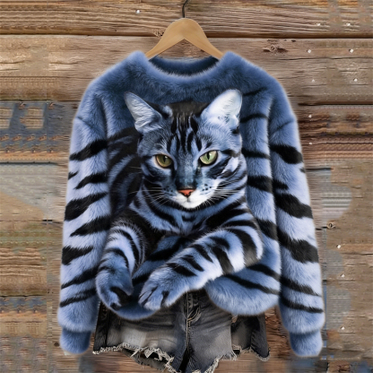 Tabby Cat & Tiger Pattern Cozy Plush Sweatshirt