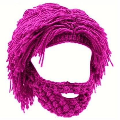 Acrylic Punk Style Beanie with Attached Straight Hair Wig and Knitted Beard