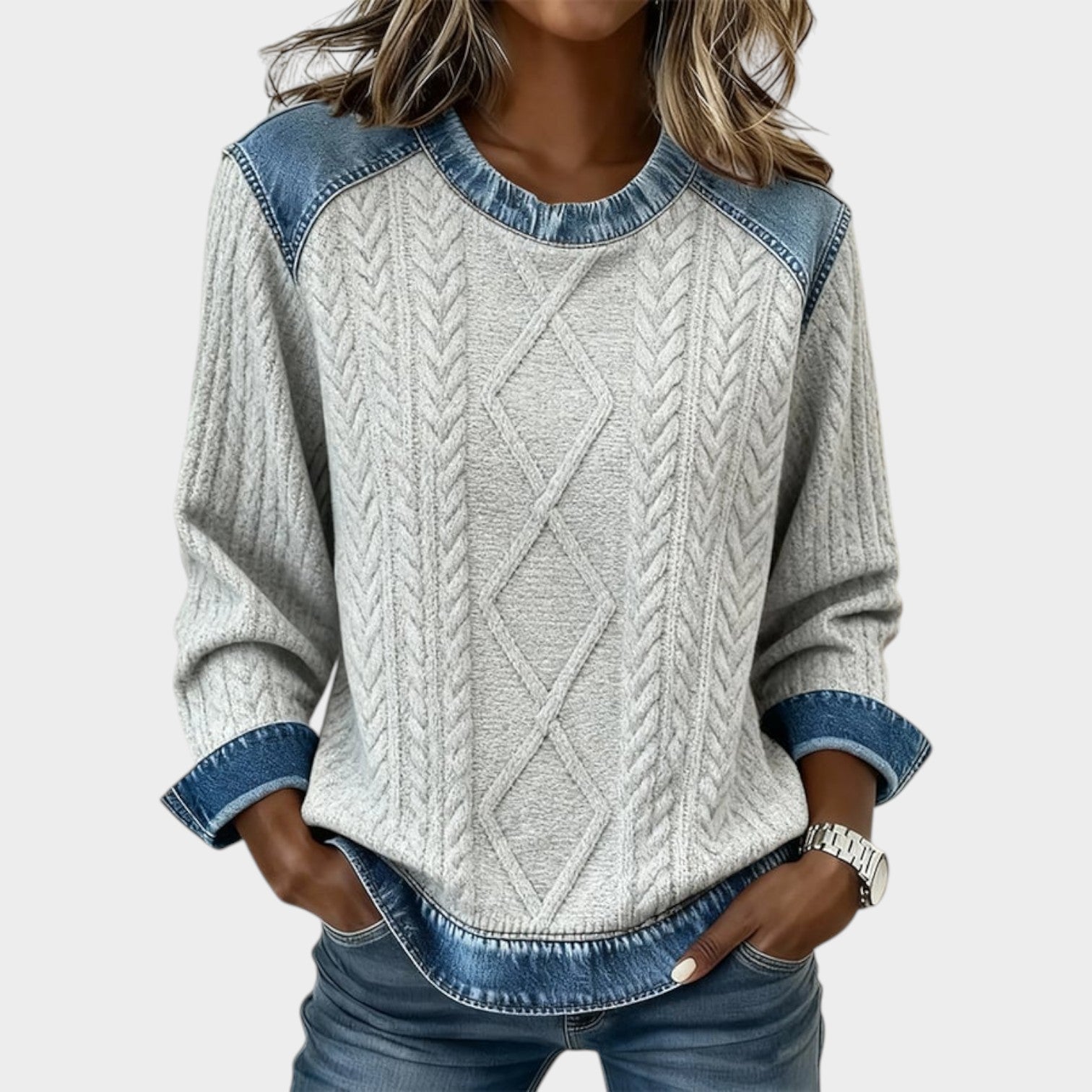 Denim Trim Cable Knit Sweater