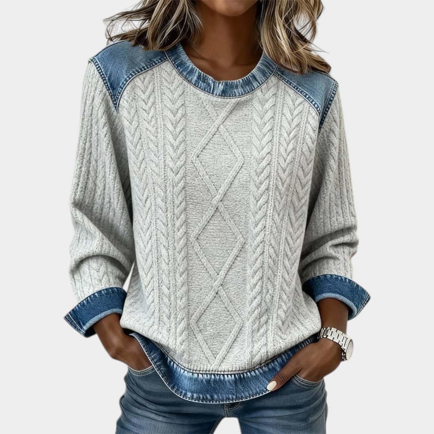 Denim Trim Cable Knit Sweater
