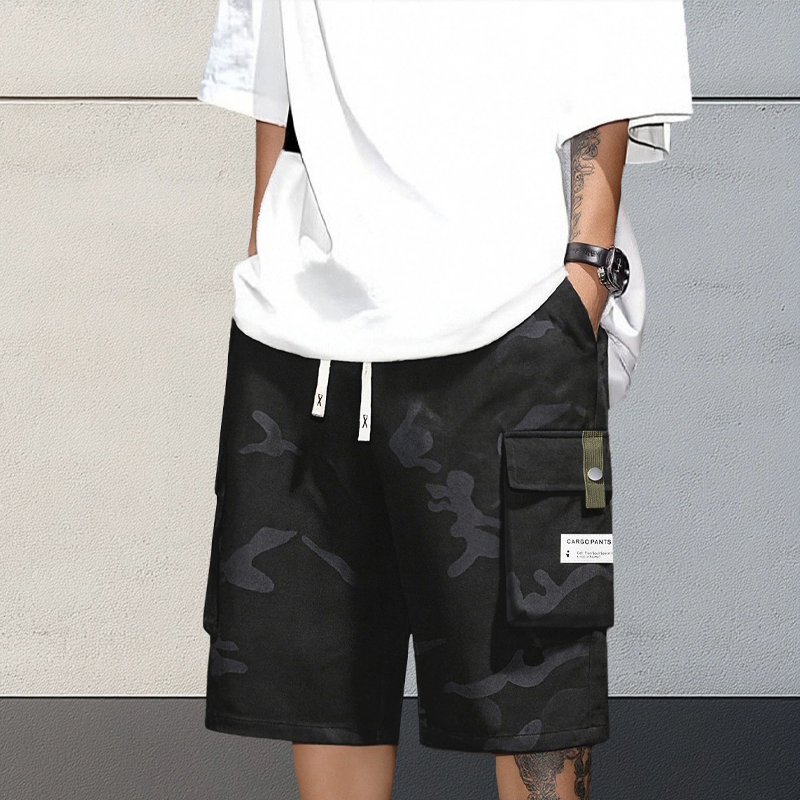 🩳 Herrshorts i Camo-stil med Cargo-fickor – Avslappnad Passform & Justerbar Midja