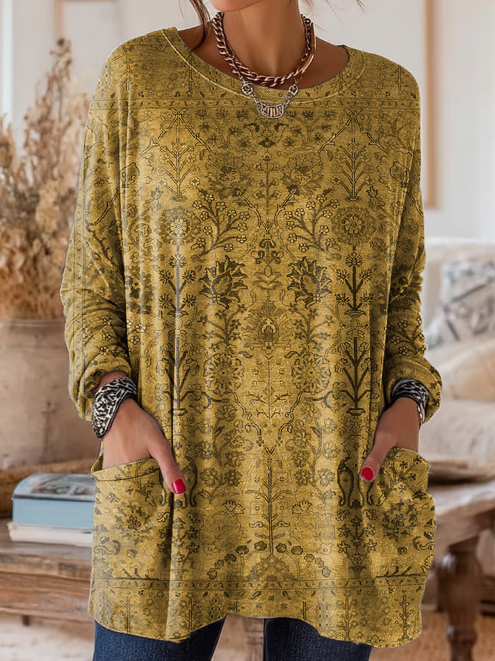 Women's Retro Ethnic Art Print Casual Long-Sleeve Round Neck Cotton T-Shirt